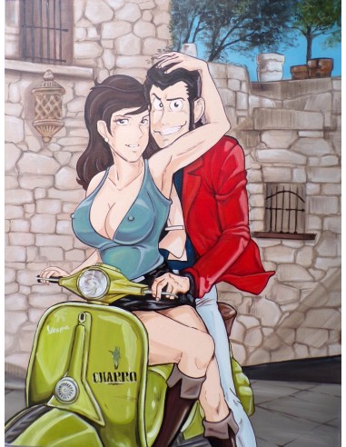 Quadro Lupin III cm 120x90 con Fujiko in Vespa pop art moderno arredo