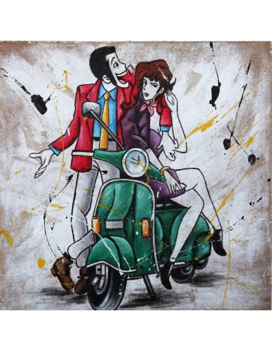 Quadro Lupin III cm 80x80 con Fujiko Margot in Vespa idipinto su Juta stilizzato pop art moderno arredo