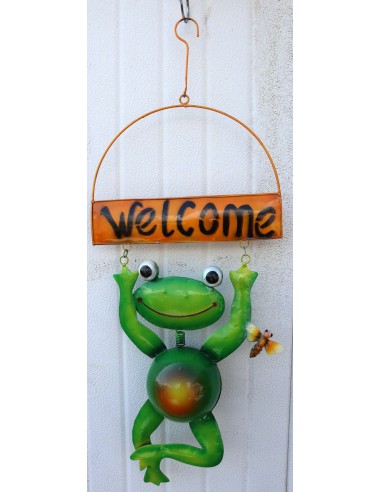 Pannello welcome con una rana in metallo creata e colorata mano cm 60x25 dipinte realizzate artigianalmente