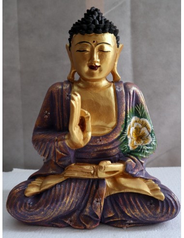 Buddha scultura il legno massello noce indiano o suar cm 25x12x30h viola e oro con fiori statua