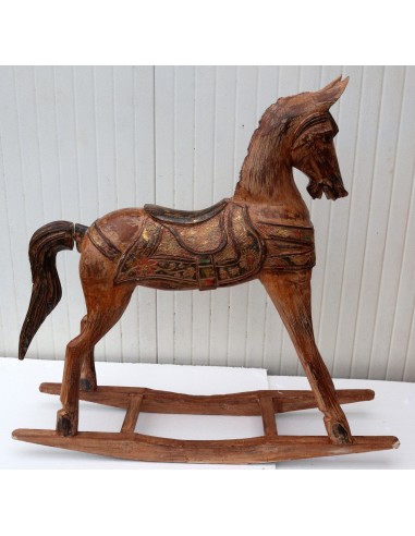 Cavallino a dondolo in legno cavallo creato dipinto a mano marrone ed oro 100x27x98h