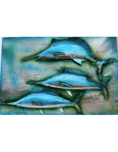 Quadro dipinto in metallo a rilievo con Marlin pesci cm 120x80 azzurro