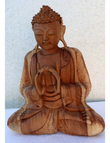 Buddha scultura il legno massello noce indiano o suar cm 23x10x30h color legno naturale statua mani unite