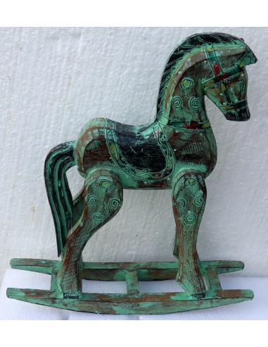 Piccolo Cavallino a dondolo in legno cavallo creato dipinto a mano verde oro 40x10x42h