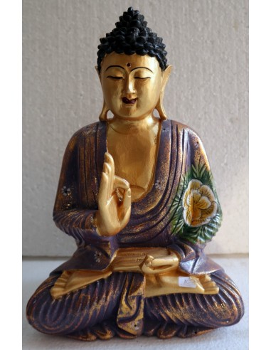 Buddha scultura il legno massello noce indiano o suar cm 24x12x32h viola e oro con fiori statua n 2