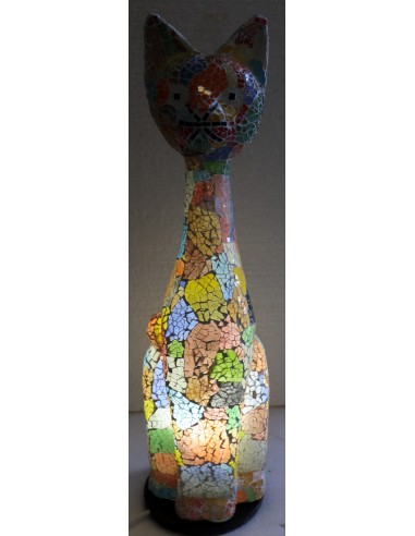 Lampada abatjour gatto cm 60 in resina e mosaico di vetro craccato multicolor gattino da tavolo