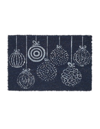 Zerbino indiano in cocco cm 60x40 COCO DOOR MAT-DECOR PALLE NATALIZIE FONDO NERO DISEGNO ARGENTO