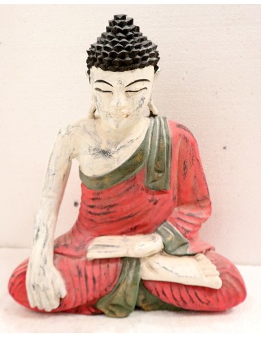 Buddha scultura il legno massello noce indiano o suar cm 26x10x33h bianco rosso anticato statua