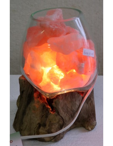 Lampada di sale UNICA VOGANTO creata in vetro soffiato su legno naturale salgemma Himalaya cm 16x15x23n.15045