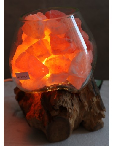 Lampada di sale UNICA VOGANTO creata in vetro soffiato su legno naturale salgemma Himalaya cm 17x14x20 n.15041